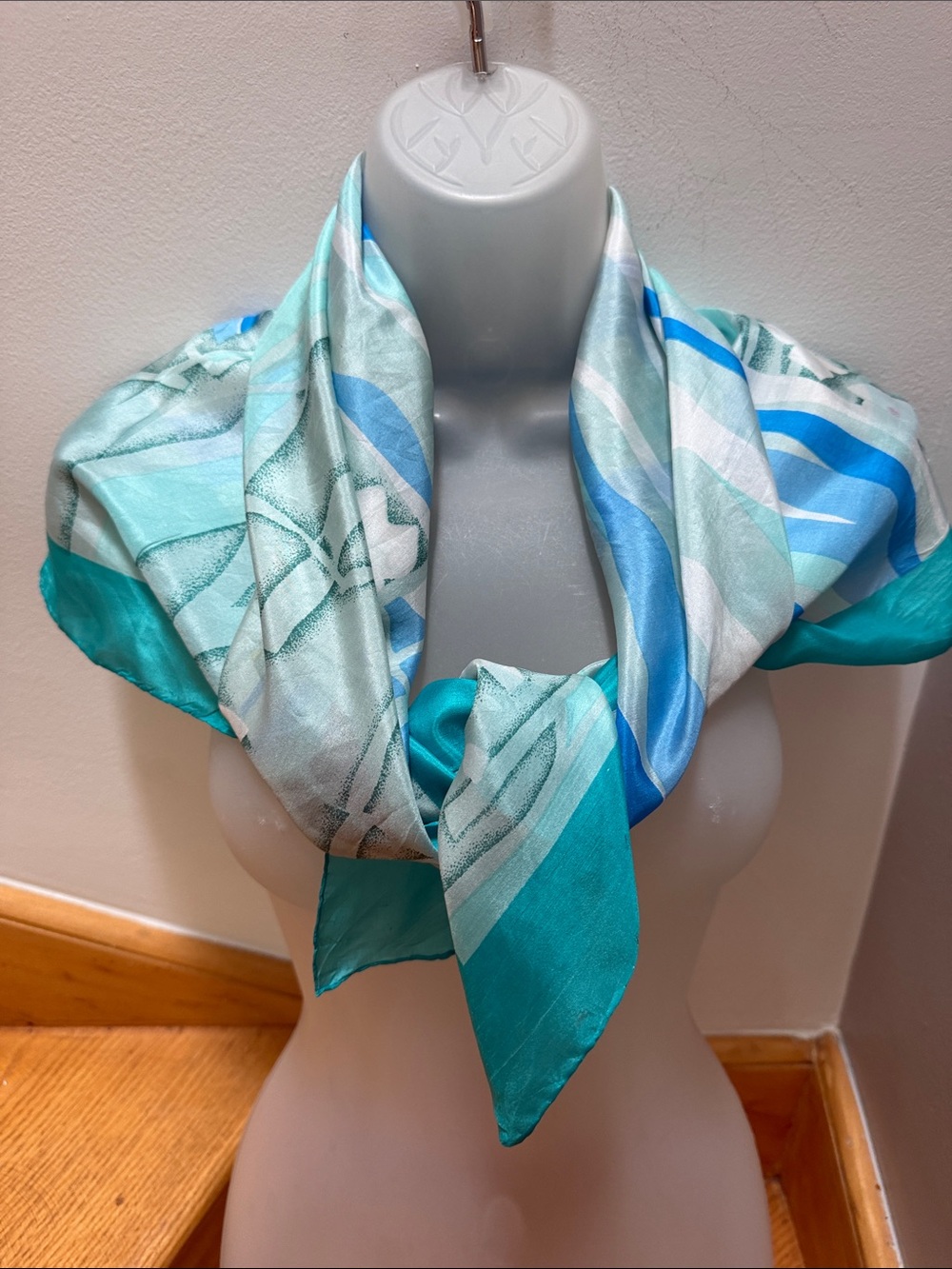 VTG Abstract Art Deco Avian Bird Flowy Silk Scarf Teal Waves Trees Square Retro - Picture 3 of 14